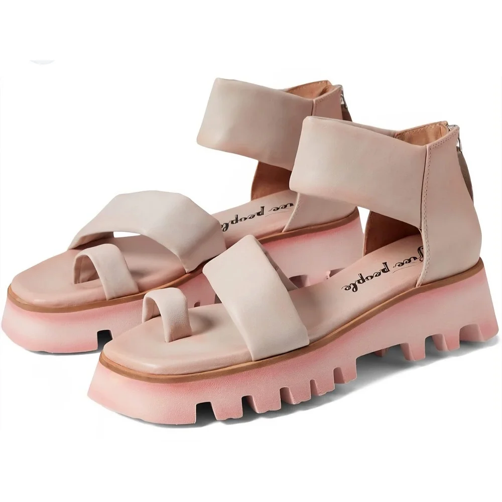 Free People Maddox Pink Leather Toe Ring Platform Lug Sole Sandals 0003627105 39